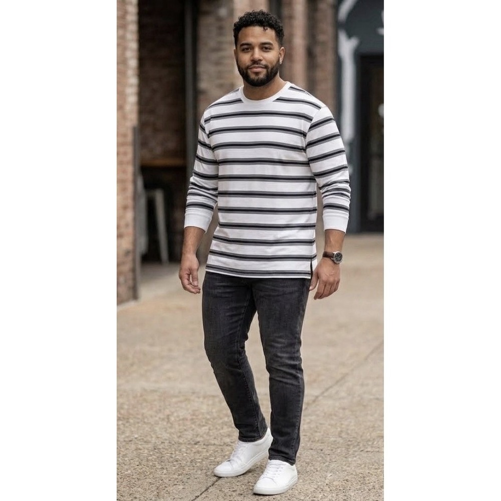 No Boundaries Shirt Men's 2XL Gray Black Striped Long Sleeve Crew Neck Pullover